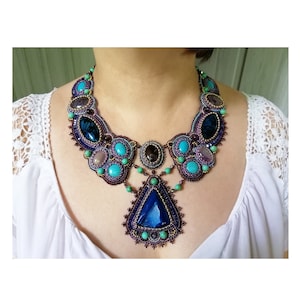 Teal statement necklace Turquoise bib necklace Handmade Bead embroidery necklace Gemstone chunky necklace for women Gift for wife
