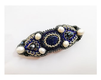 Dark blue beaded barrette for women Small lapis lazuli and pearl hair clip Bead embroidered jewelry with gemstone Handmade Gift for her