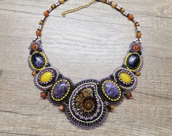 Purple and yellow statement necklace Bead embroidery jewelry with gemstone Handmade Ammonite bib necklace for women Collar chunky necklace