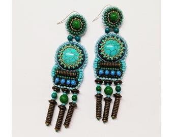Turquoise chandelier earrings Bead embroidery jewelry with gemstone Ethnic statement earrings for women Teal earrings with fringe