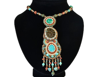 Ethnic statement necklace Bead embroidery necklace with gemstone Ammonite and turquoise bib necklace for women Long necklace with fringe