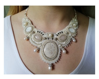 Silver White statement necklace Fossil coral and pearl bib necklace Handmade Bead embroidery necklace Gemstone chunky necklace for women