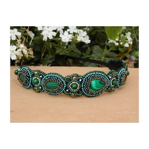 Emerald green beaded headband for women Jeweled headpiece Handmade Bead embroidered jewelry Gemstone hair accessories Christmas tiara