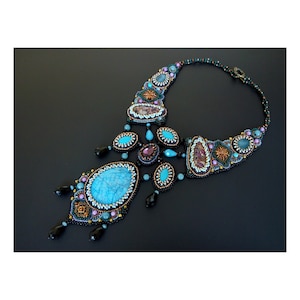 Teal statement necklace Gemstone collar necklace Handmade Bead embroidered necklace Turquoise chunky bib necklace for women Gift for wife