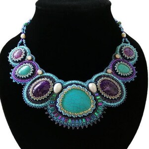 Turquoise statement necklace for women Bead embroidered jewelry with gemstone Handmade Purple and teal bib necklace Collar chunky necklace image 2