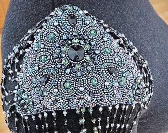 Green Gunmetal Beaded epaulette with fringe Handmade shoulder epaulet Crystal shoulder jewelry for women