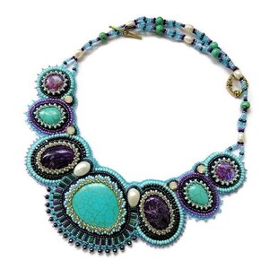 Turquoise statement necklace for women Bead embroidered jewelry with gemstone Handmade Purple and teal bib necklace Collar chunky necklace image 3