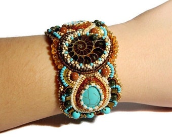 Ammonite cuff bracelet Bead embroidery jewelry Handmade Malachite and turquoise beaded statement bracelet for women Blue wide cuff bracelet