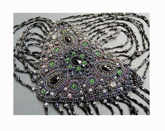 Rhinestone epaulette with beaded fringe Black and green shoulder embellishment Bead embroidered jewelry for women Handmade Gift for wife