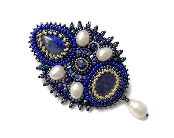 Lapis lazuli and pearl brooch pin Bead embroidered jewelry Royal blue brooch for women Handmade Gemstone statement brooch Gift for wife