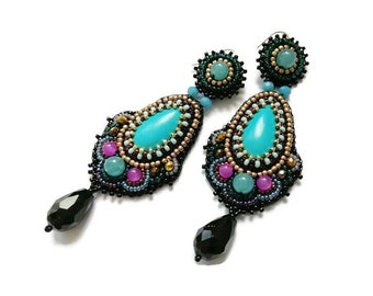 Black Teal statement earrings Bead embroidered earrings Turquoise chandelier earrings for women Large gemstone earrings Handmade