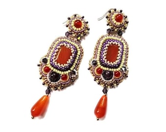 Amethyst Carnelian drop earrings Purple orange statement earrings for women Handmade Bead embroidered earrings Gemstone chandelier earrings