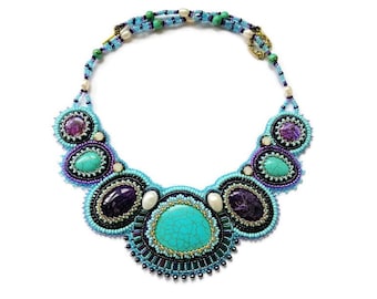 Turquoise statement necklace for women Bead embroidered jewelry with gemstone Handmade Purple and teal bib necklace Collar chunky necklace