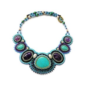 Turquoise statement necklace for women Bead embroidered jewelry with gemstone Handmade Purple and teal bib necklace Collar chunky necklace image 1