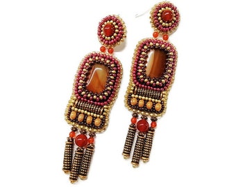Burnt orange chandelier earrings Bead embroidery jewelry with gemstone Terracotta statement earrings for women Boho carnelian earrings
