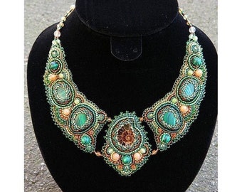Malachite Ammonite statement necklace Bead embroidery necklace Handmade Large green chunky necklace for women Gemstone collar bib necklace