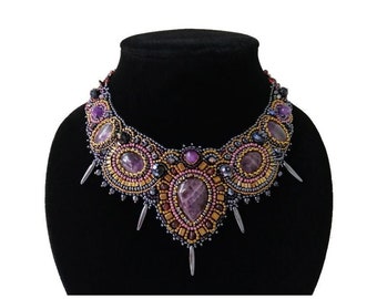 Bead embroidery necklace Large amethyst necklace Gemstone bib statement necklace Garnet necklace for women