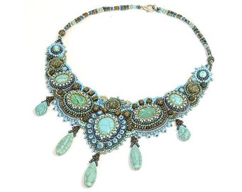 Bead embroidery necklace Turquoise statement necklace Gemstone bib necklace for women Gift for her