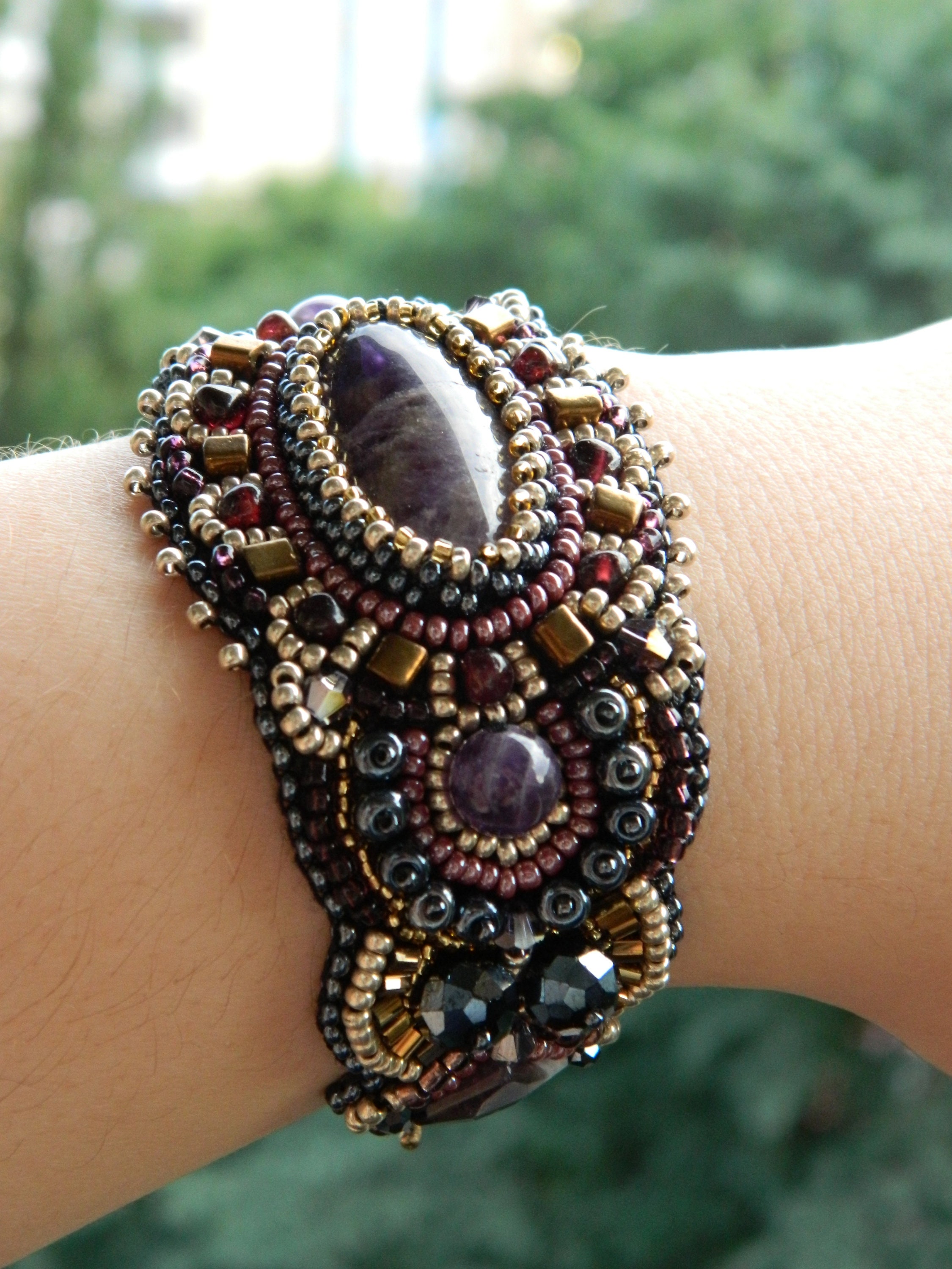 Bead embroidery cuff bracelet wide beaded cuff bracelet garnet  etsy