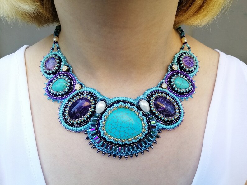 Turquoise statement necklace for women Bead embroidered jewelry with gemstone Handmade Purple and teal bib necklace Collar chunky necklace image 4