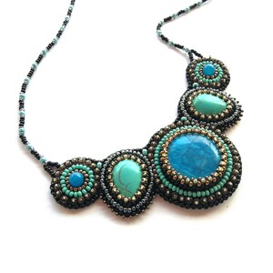 Royal blue statement necklace Bead embroidered necklace Turquoise chunky necklaces for women Gemstone bib necklace image 5