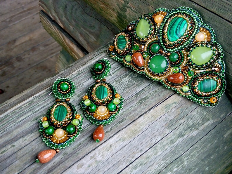 Green statement earrings Mayan earrings Malachite jewelry Embroidered earrings Boho bridal earrings Long dainty earrings Evening earrings