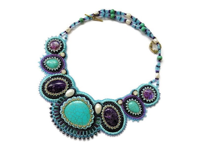 Turquoise statement necklace for women Bead embroidered jewelry with gemstone Handmade Purple and teal bib necklace Collar chunky necklace image 3