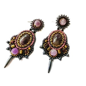 Dark grey and purple statement earrings Bead embroidery earrings Garnet amethyst chandelier earrings Large gemstone earrings for women image 9