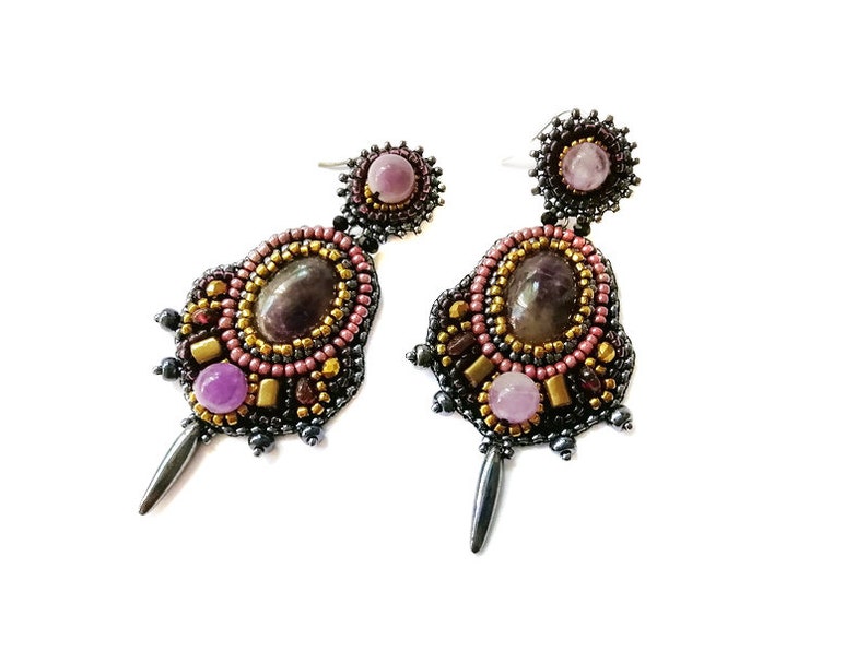 Dark grey and purple statement earrings Bead embroidery earrings Garnet amethyst chandelier earrings Large gemstone earrings for women image 9