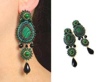 Malachite earrings gold Green black chandelier earrings Bead embroidered jewelry Statement earrings for women Mothers day gift from daughter
