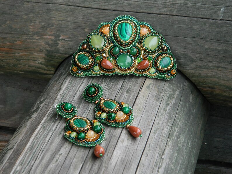 Green statement earrings Mayan earrings Malachite jewelry Embroidered earrings Boho bridal earrings Long dainty earrings Evening earrings