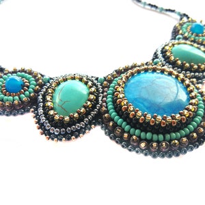 Royal blue statement necklace Bead embroidered necklace Turquoise chunky necklaces for women Gemstone bib necklace image 4