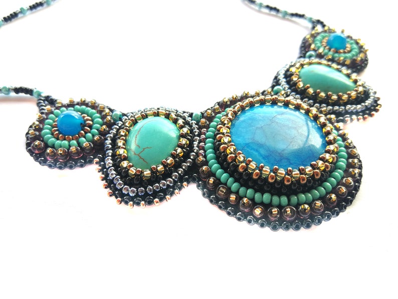 Royal blue statement necklace Bead embroidered necklace Turquoise chunky necklaces for women Gemstone bib necklace image 4