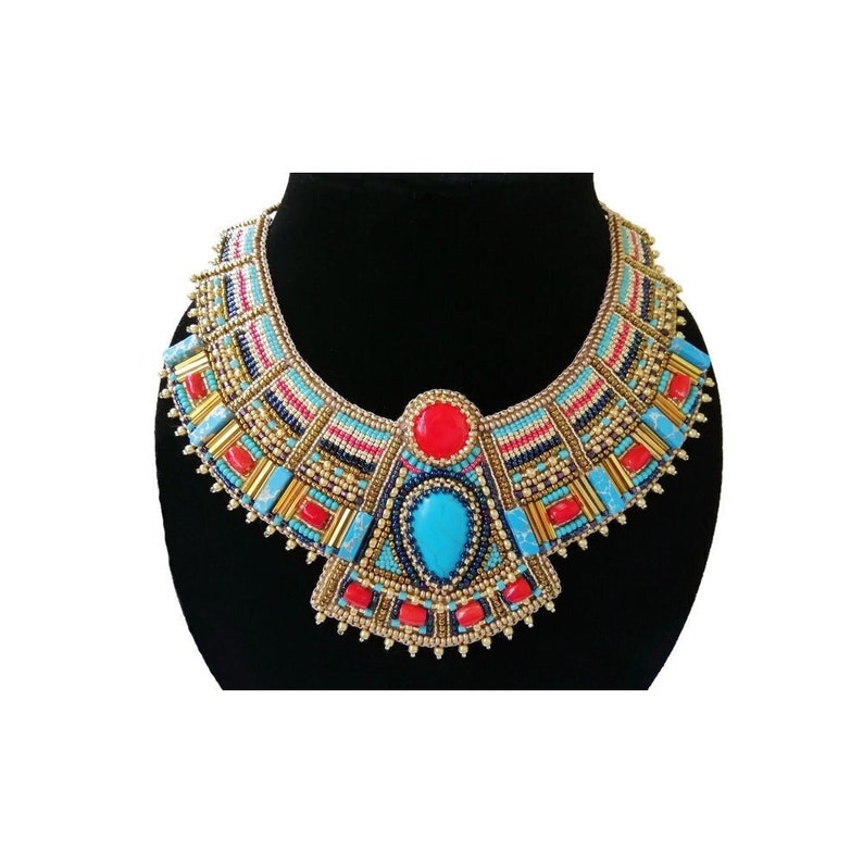 Large egyptian beaded necklace for women Cleopatra statement collar necklace Bead embroidered necklace Gemstone bib necklace Gift for her image 1