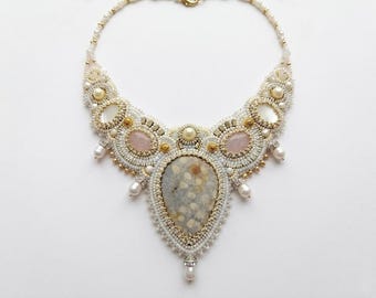 Beige gold statement necklace Bead embroidery jewelry Gemstone chunky necklace for women Large pearl bib necklace Ivory wedding necklace