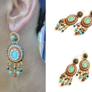 Turquoise ethnic chandelier earrings Teal statement earrings for women Bead embroidery earrings with gemstone Handmade Mother day gift image 5