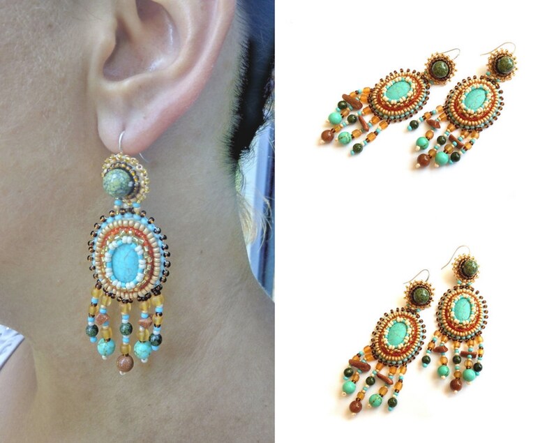 Turquoise ethnic chandelier earrings Teal statement earrings for women Bead embroidery earrings with gemstone Handmade Mother day gift image 5