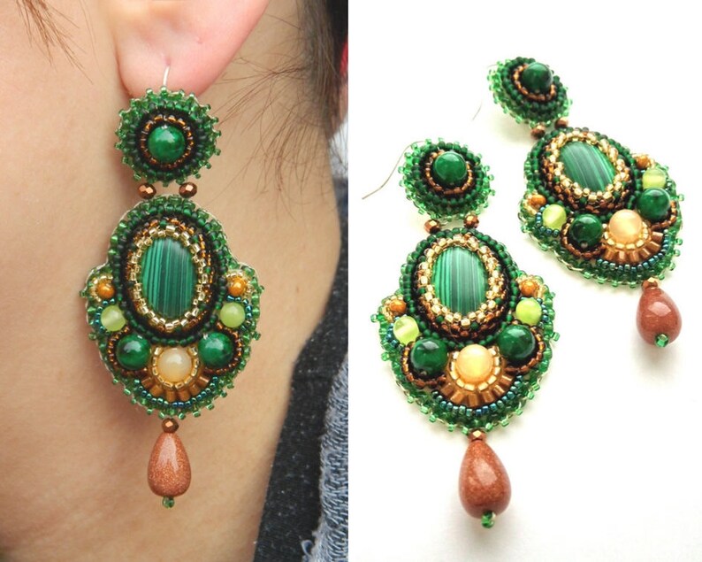 Green statement earrings Mayan earrings Malachite jewelry Embroidered earrings Boho bridal earrings Long dainty earrings Evening earrings
