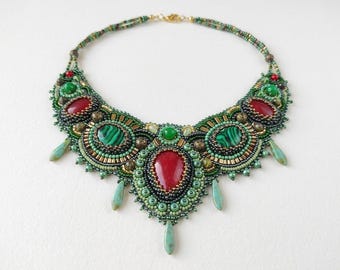Malachite statement necklace Bead embroidery jewelry Handmade Gemstone chunky necklace for women Red green bib necklace