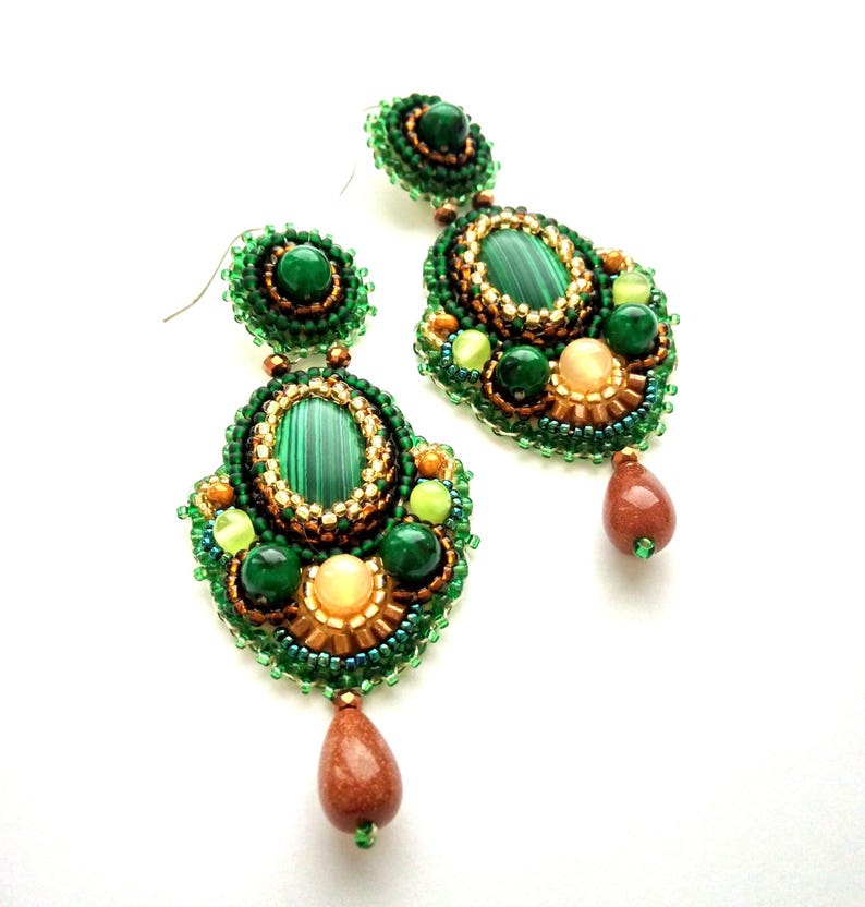 Green statement earrings Mayan earrings Malachite jewelry Embroidered earrings Boho bridal earrings Long dainty earrings Evening earrings