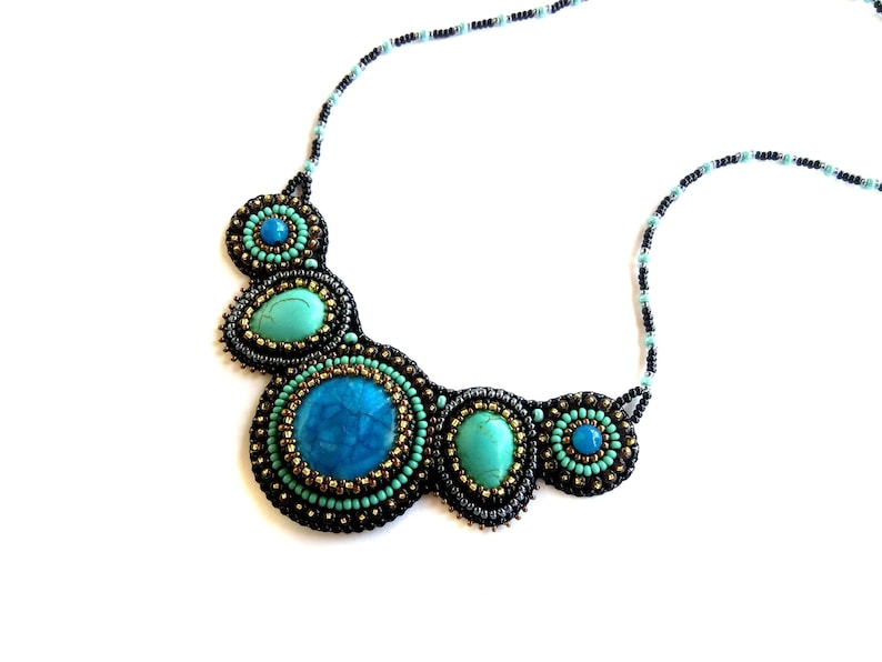 Royal blue statement necklace Bead embroidered necklace Turquoise chunky necklaces for women Gemstone bib necklace image 1