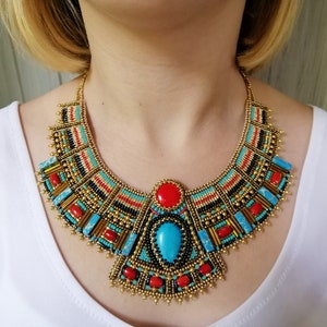 Large egyptian beaded necklace for women Cleopatra statement collar necklace Bead embroidered necklace Gemstone bib necklace Gift for her image 2