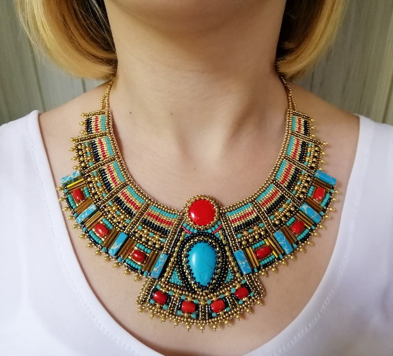 Large egyptian beaded necklace for women Cleopatra statement collar necklace Bead embroidered necklace Gemstone bib necklace Gift for her image 2