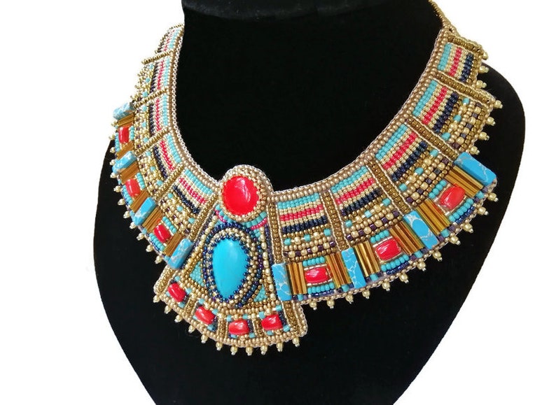 Large egyptian beaded necklace for women Cleopatra statement collar necklace Bead embroidered necklace Gemstone bib necklace Gift for her image 5