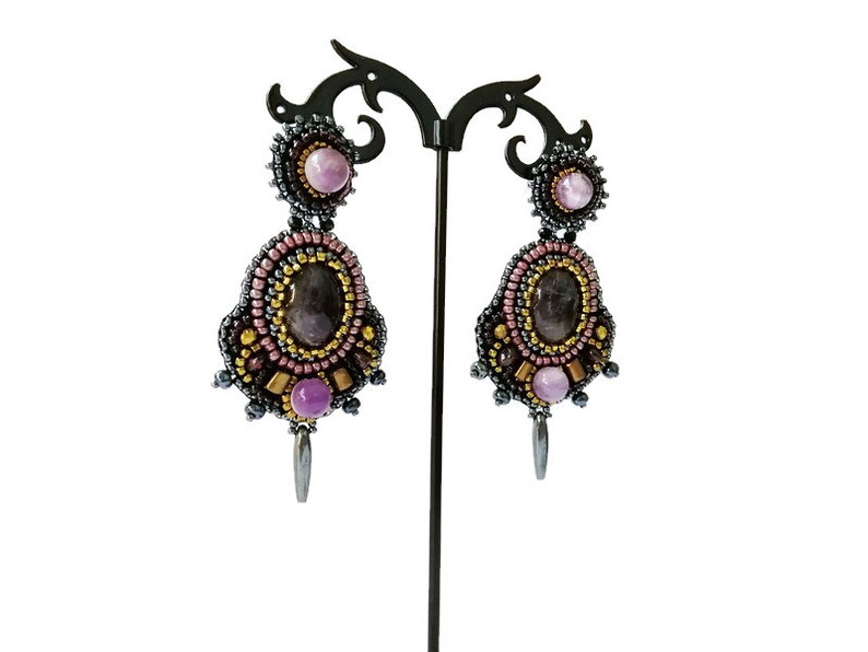 Dark grey and purple statement earrings Bead embroidery earrings Garnet amethyst chandelier earrings Large gemstone earrings for women image 8