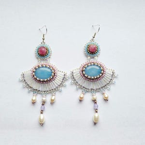 Sky blue and pearl chandelier earrings for women Bead embroidered earrings Handmade Aquamarine statement earrings Large gemstone earrings