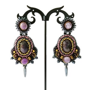 Dark grey and purple statement earrings Bead embroidery earrings Garnet amethyst chandelier earrings Large gemstone earrings for women image 2