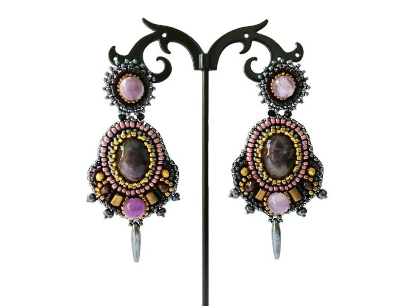 Dark grey and purple statement earrings Bead embroidery earrings Garnet amethyst chandelier earrings Large gemstone earrings for women image 2