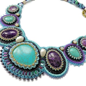 Turquoise statement necklace for women Bead embroidered jewelry with gemstone Handmade Purple and teal bib necklace Collar chunky necklace image 5