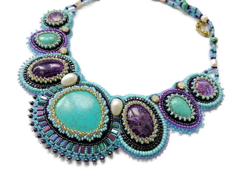 Turquoise statement necklace for women Bead embroidered jewelry with gemstone Handmade Purple and teal bib necklace Collar chunky necklace image 5